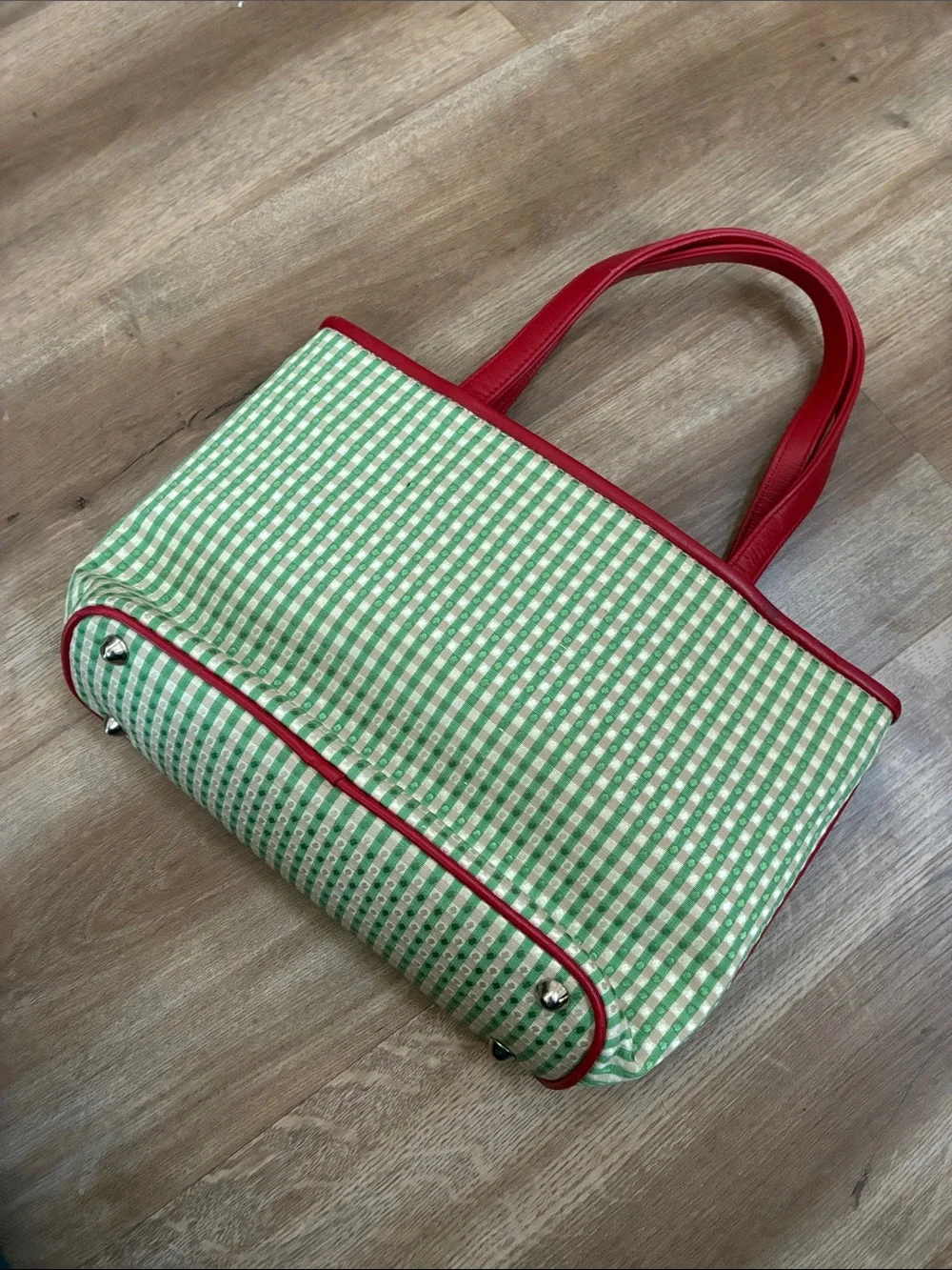 VINTAGE Isabella Fiore Red Leather&Green Gingham Bag w/ Floral&Fruit Embroidery